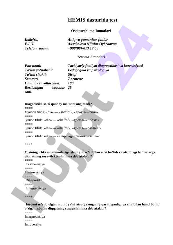 Tarbiyaviy faoliyat diagnostikasi va korreksiyasi testi