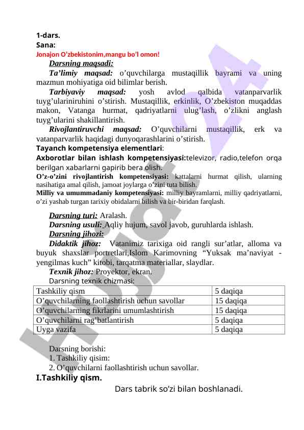 Mustaqillik bayrami haqida dars ishlanmasi