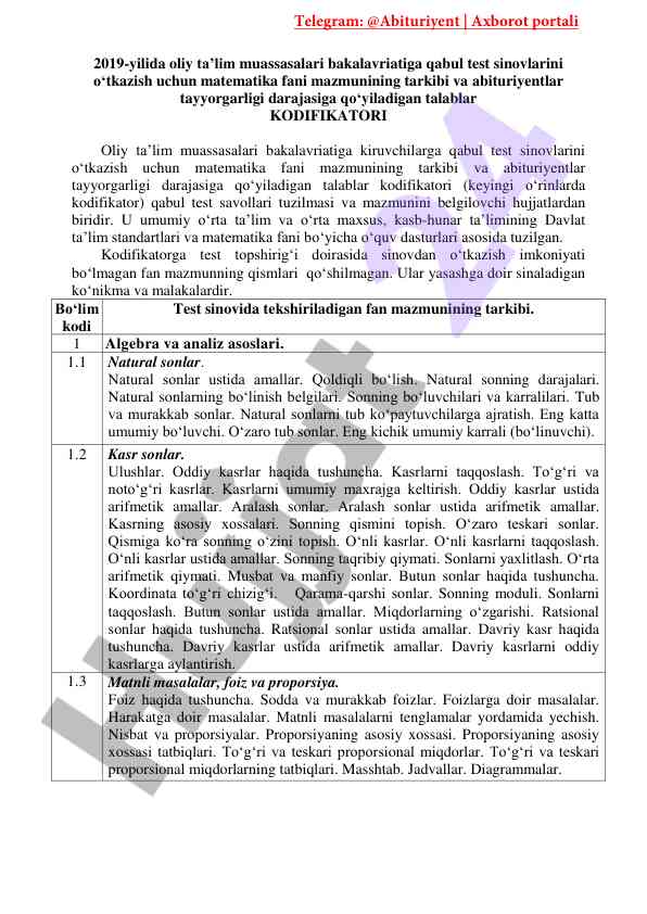 Matematika fani kodifikatori 2019-yil qabul testi