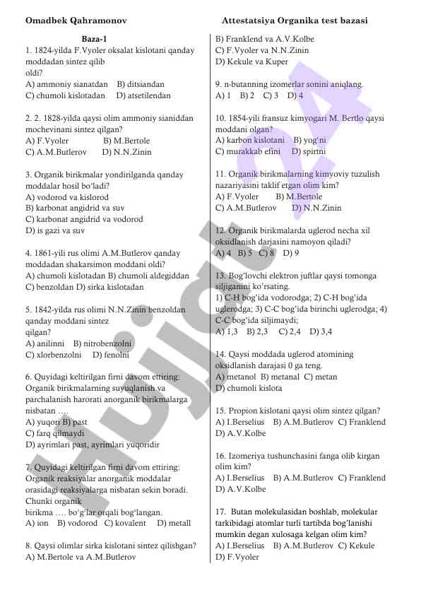 Attestatsiya organika test bazasi baza-1