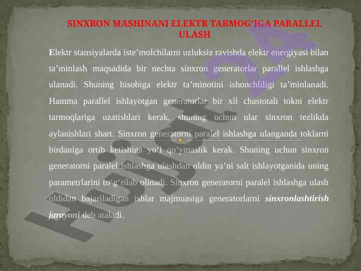 Sinxron generatorlarni elektr tarmogʻiga ulash jarayoni