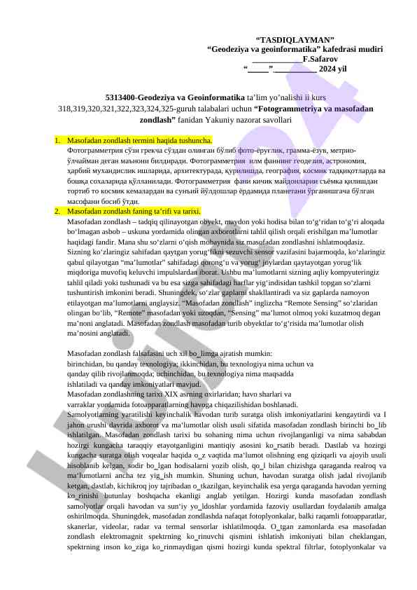 Fotogrammetriya va masofadan zondlash savollari
