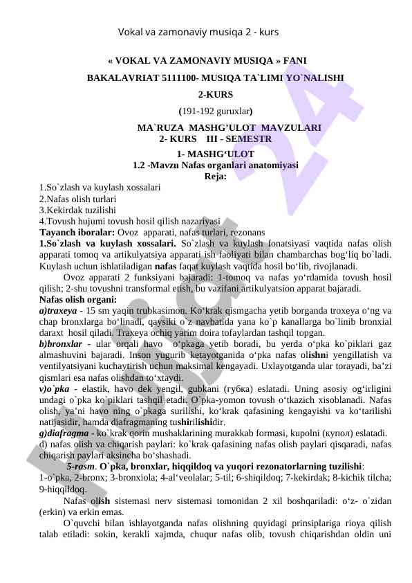 Nafas organlari anatomiyasi mavzusi ta'lim rejasi
