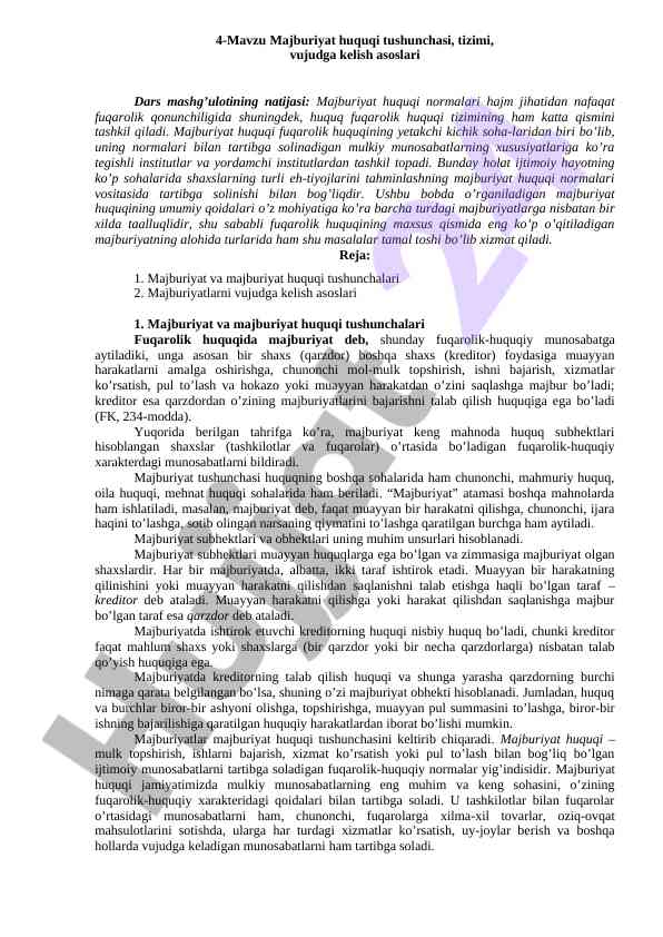 Majburiyat huquqi tushunchasi va vujudga kelish asoslari