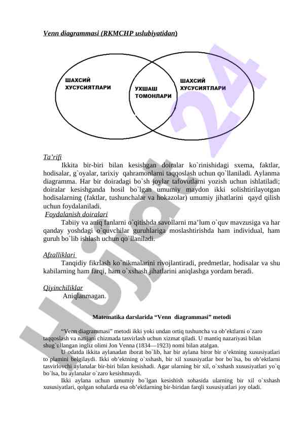 Venn diagrammasining ta’rifi va foydalanilishi