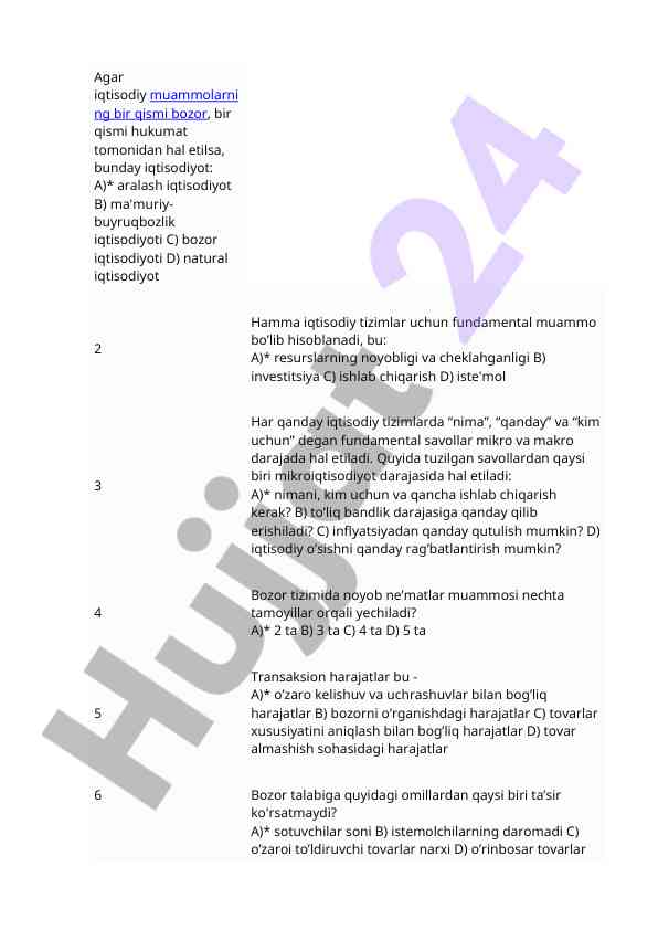 Iqtisodiy tizimlar haqida test savollari