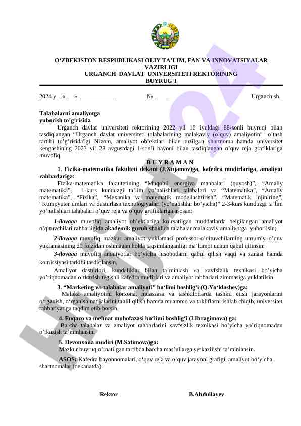 Amaliyotga yuborish tartibi va buyrug‘lari