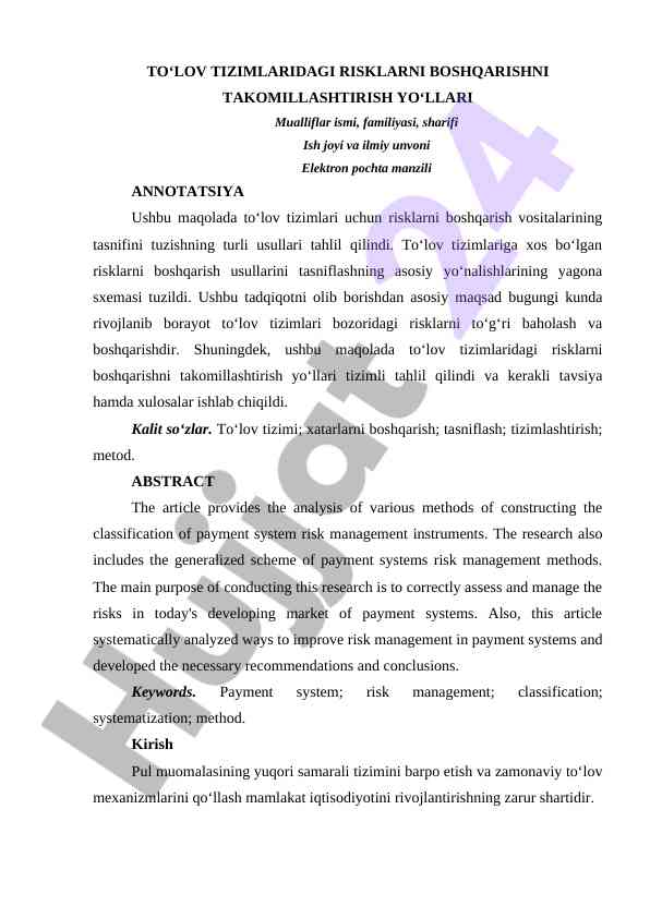 To'lov tizimlaridagi risklarni boshqarishni takomillashtirish