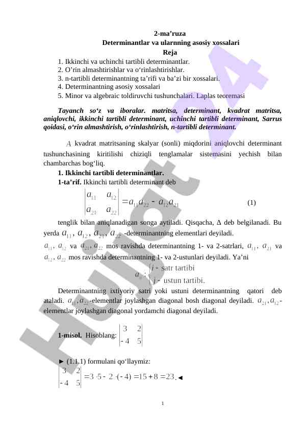 Determinantlar Va Ularning Asosiy Xossalari