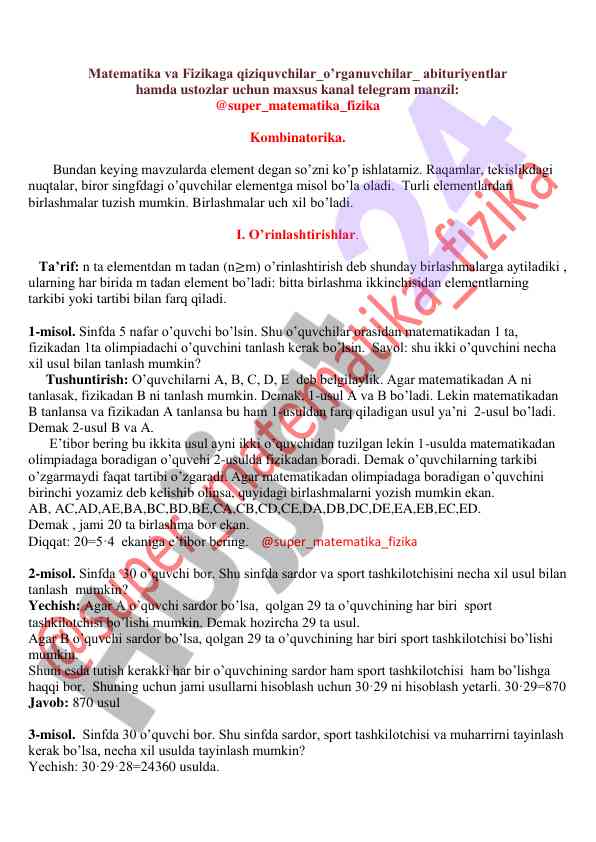 Kompleks kombinatorika va tanlash usullari