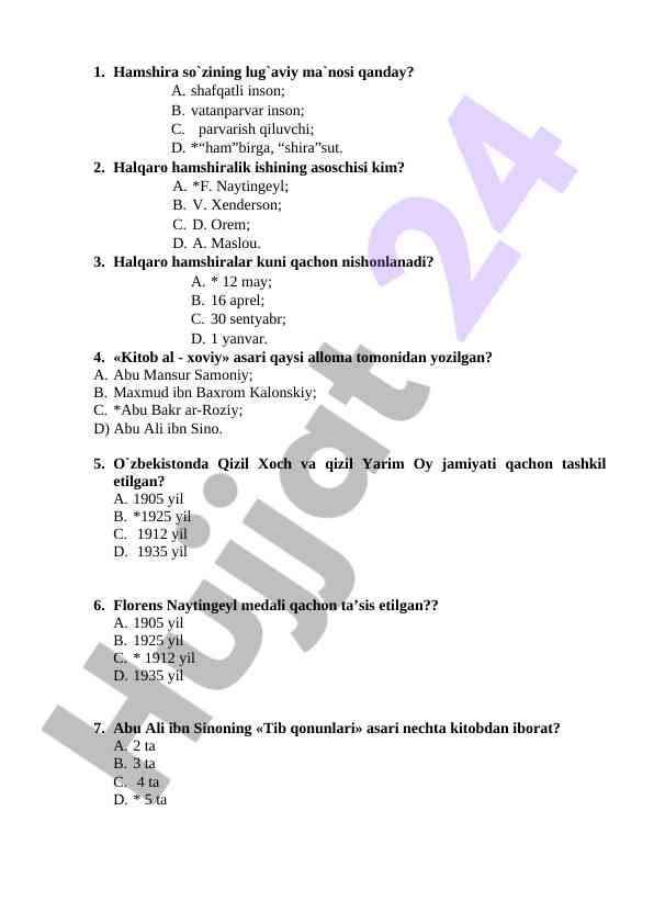 Hamshira so'zining lug'aviy ma'nosi bo'yicha test