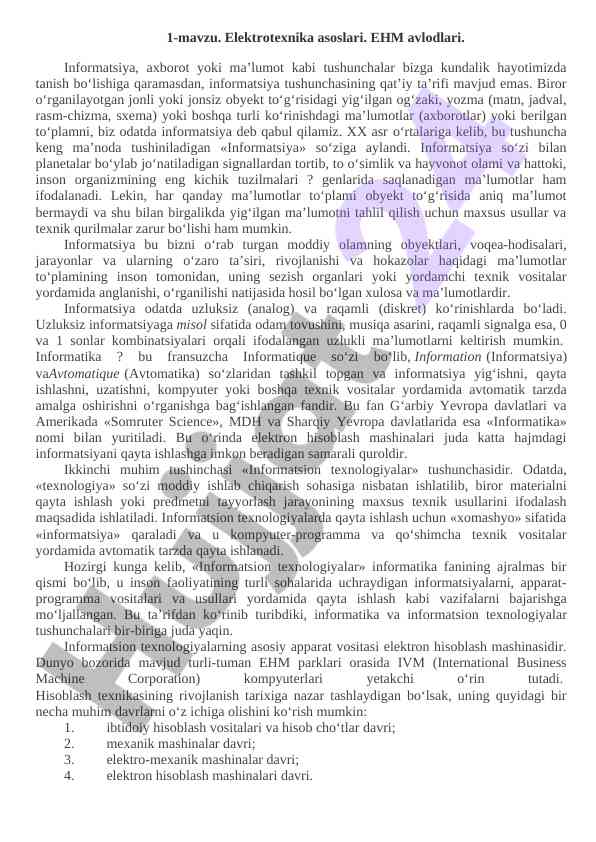 Elektrotexnika asoslari va ehm avlodlari