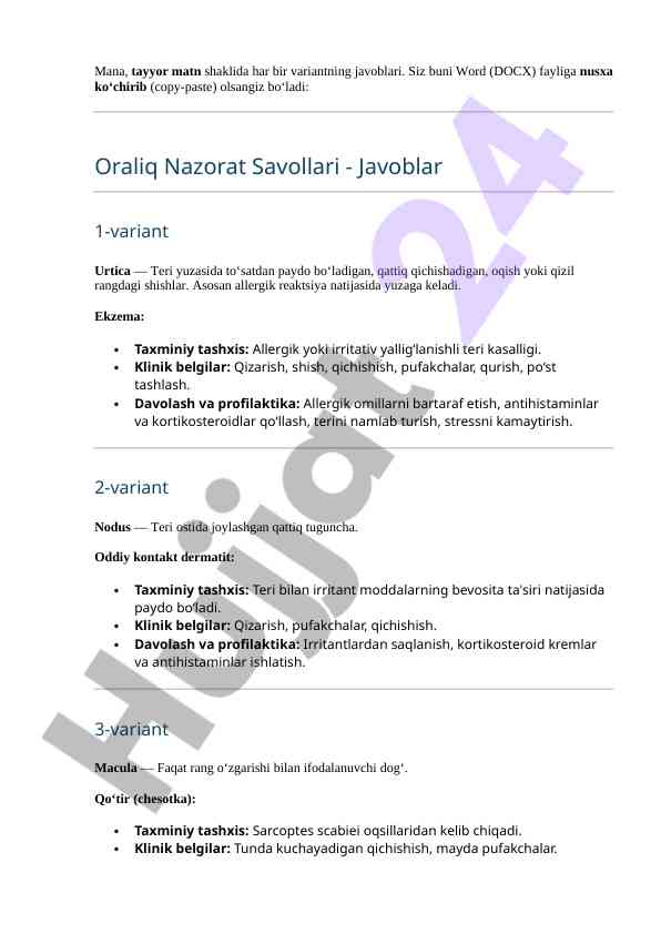 Teri kasalliklari bo‘yicha oraliq nazorat savollari