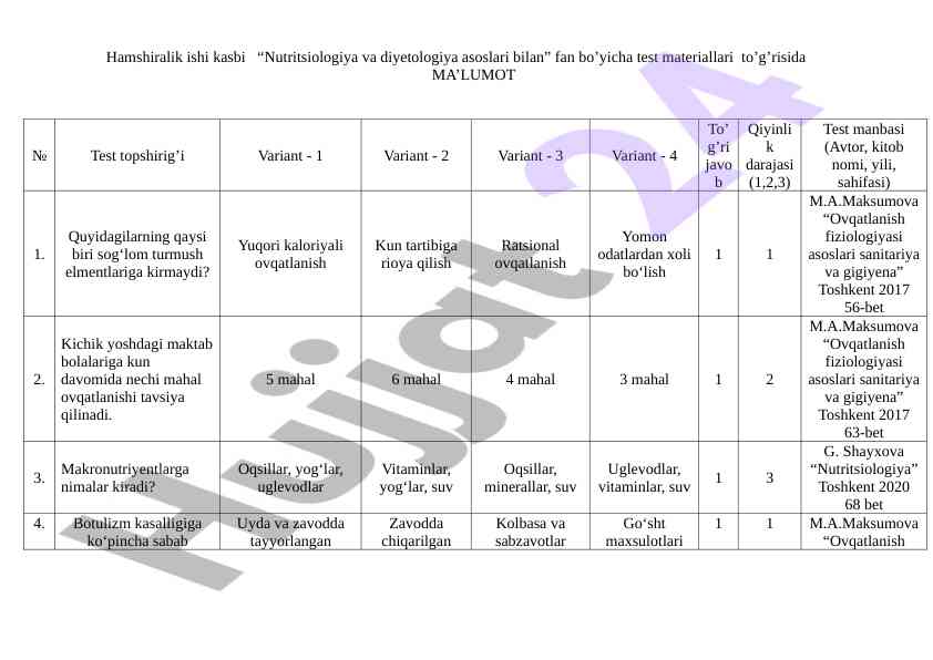 Nutritsiologiya va dietologiya asoslari bilan test materiallari