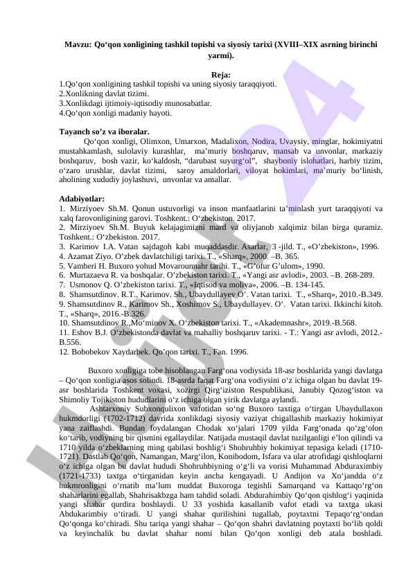 Qo‘qon xonligining tashkil topishi va siyosiy tarixi