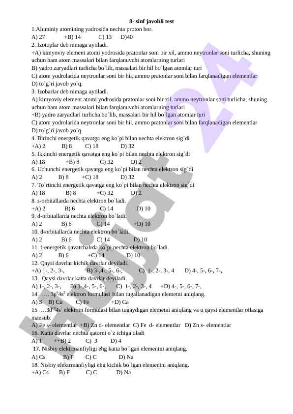 8-sinf kimyo test savollari