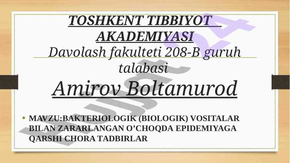 Bakteriologik vositalar bilan zararlangan o‘chog‘da epidemiyaga qarshi choralar