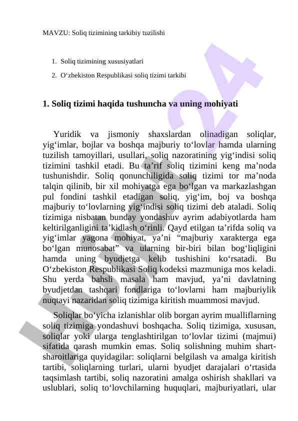 Soliq tizimining tarkibiy tuzilishi va xususiyatlari