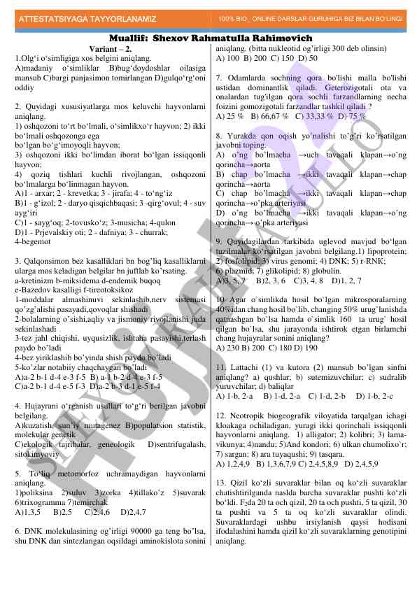 Biologiya test savollari bilan tayyorlanish