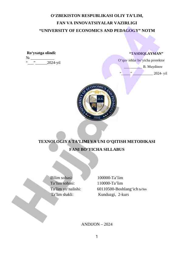 Texnologiya ta’limi va uni o‘qitish metodikasi sillabusi