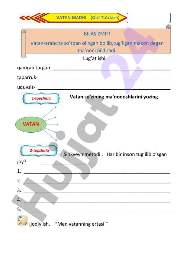 Vatan so‘zining ma’nodoshlarini yozish
