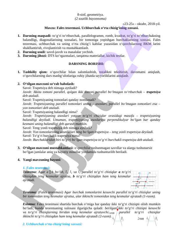 Fales teoremasi va uchburchak o‘rta chizig‘ining xossalari