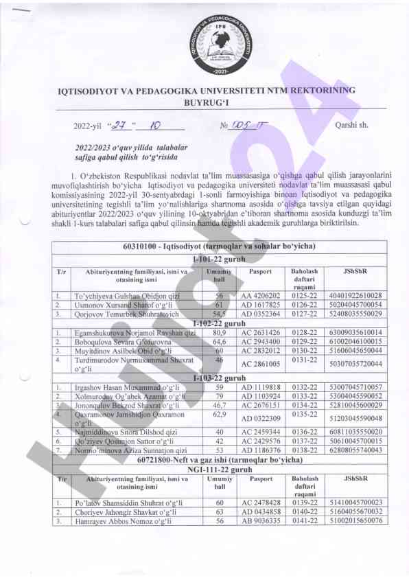 O'qishga qabul qilish to'g'risida farmoyish 2022-2023