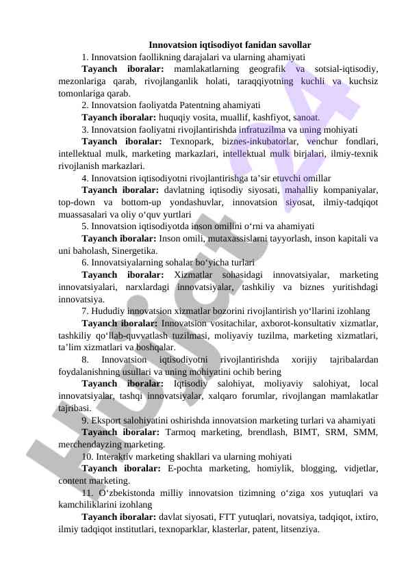 Innovatsion iqtisodiyot fanidan savollar