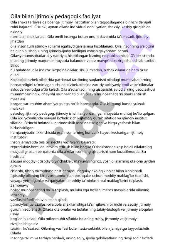 Oilaning ijtimoiy pedagogik faoliyati va ta’siri