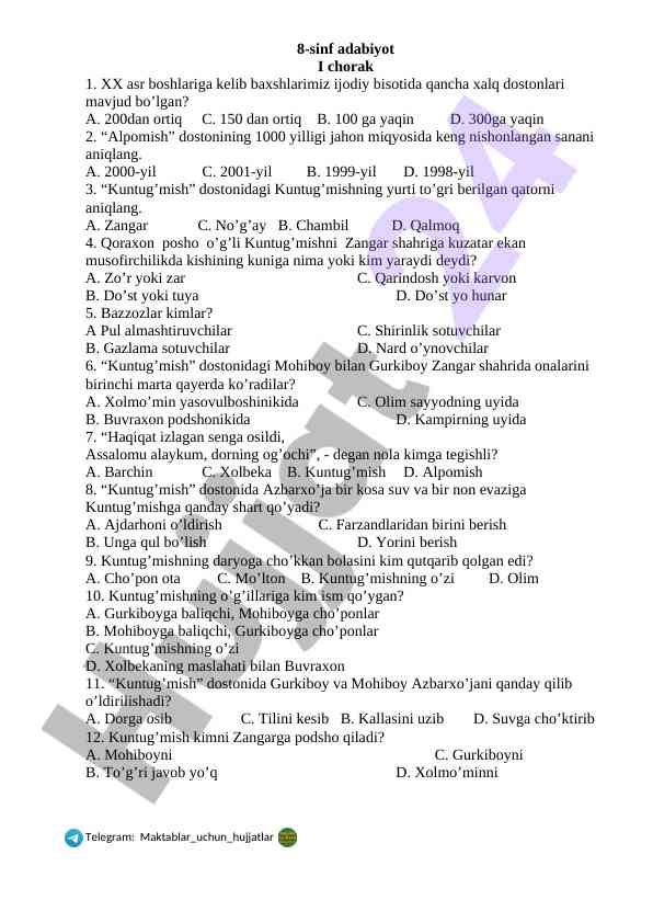 8-sinf adabiyot i chorak savollar va javoblar