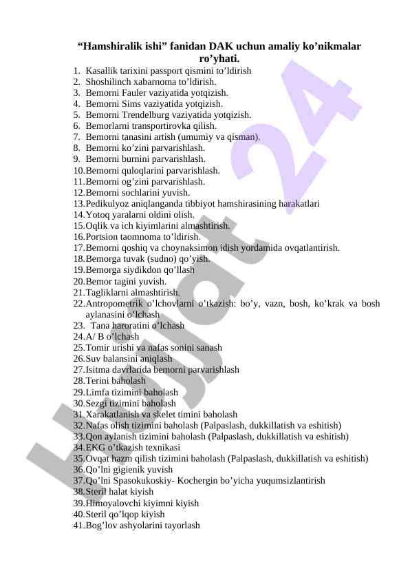 Amaliy ko'nikmalar ro'yhati hamshiralik ishida