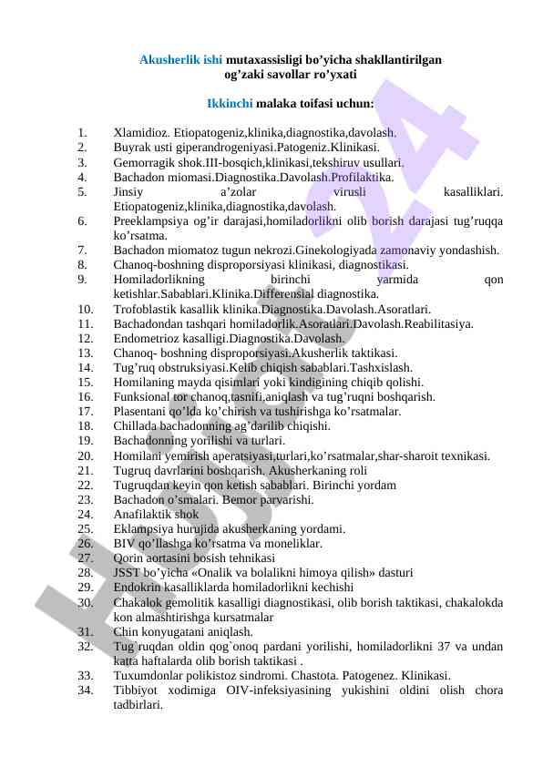 Akusherlik ishiga oid og’zaki savollar