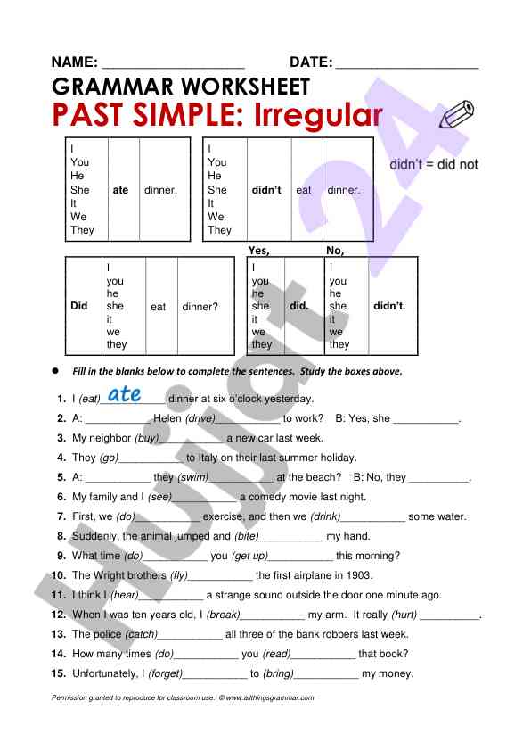 Past simple grammar worksheet