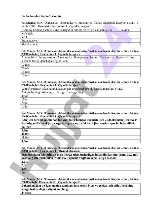 Fizika fanidan testlar i semestr