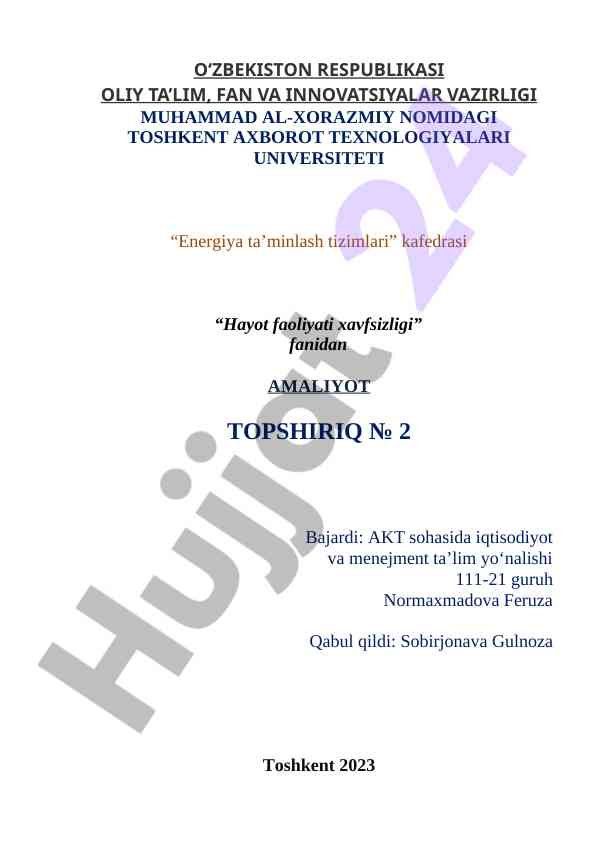 Hayot faoliyati xavfsizligi fanidan amaliyot topshiriq