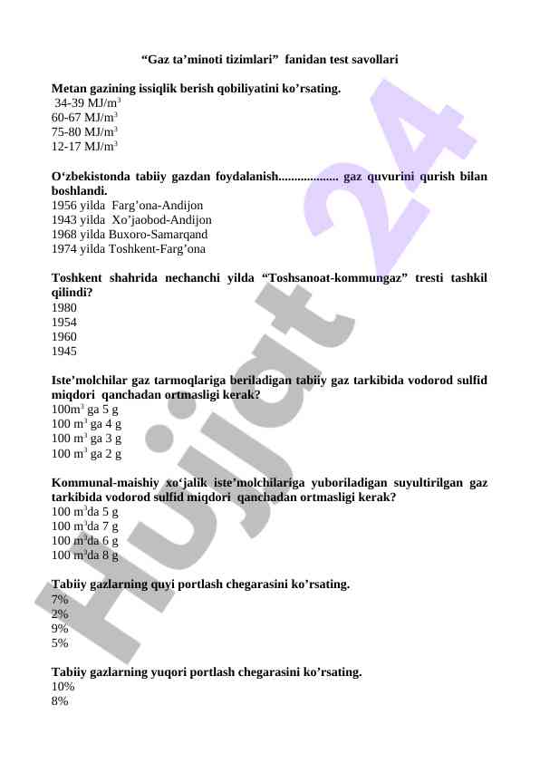 Gaz ta’minoti tizimlari fanidan test savollari