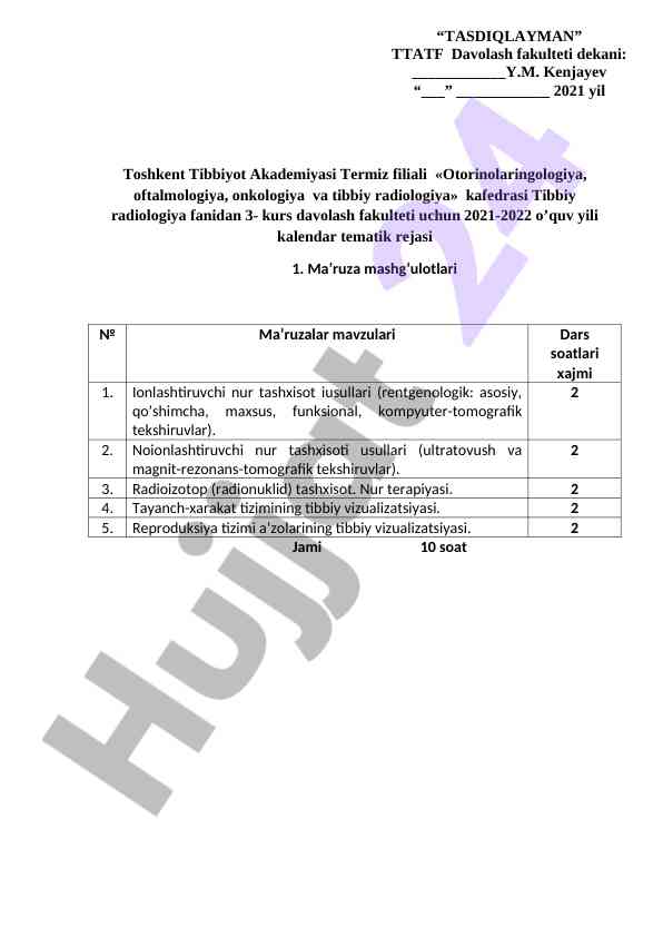 Kalendar tematik rejasi tibbiy radiologiya fani