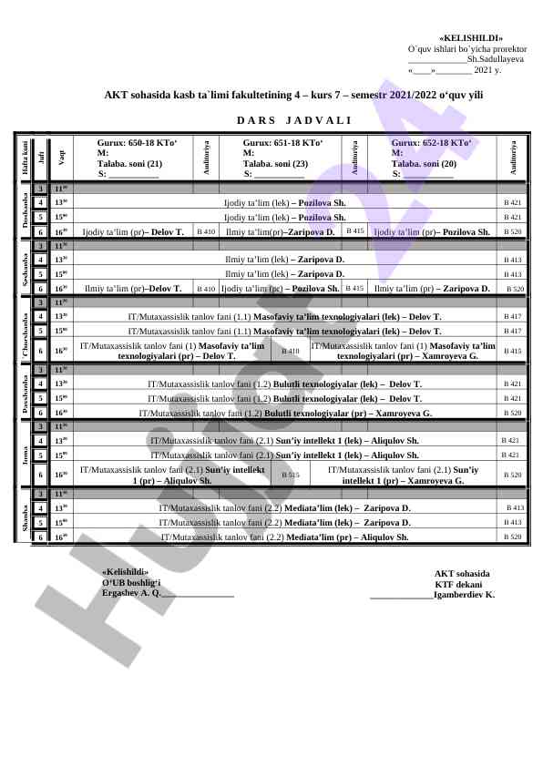 Akt sohasida kasb ta'limi dars jadvali 2021/2022