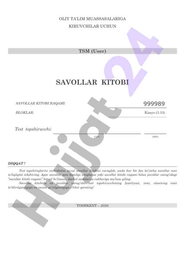 Tsm savollar kitobi kimyo bo'yicha testlar