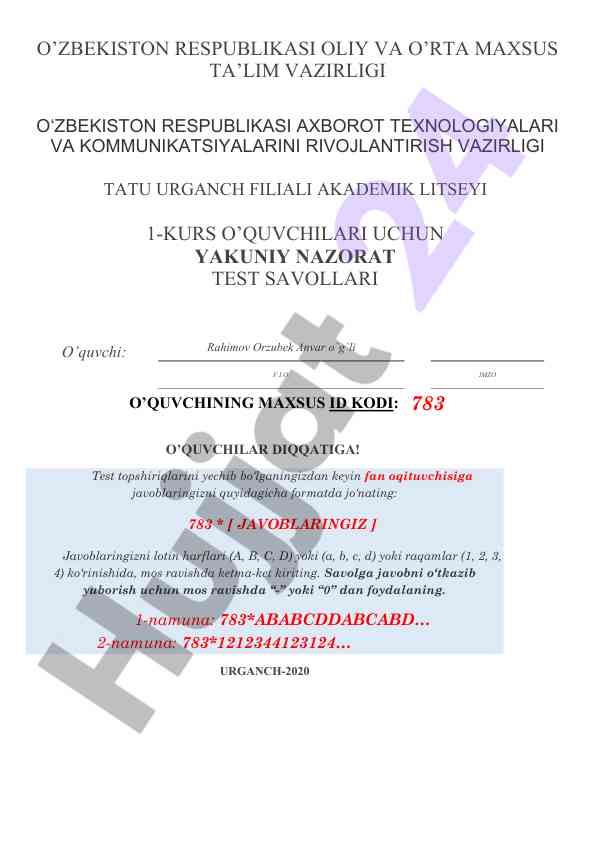 Final test questions for academic lyceum students