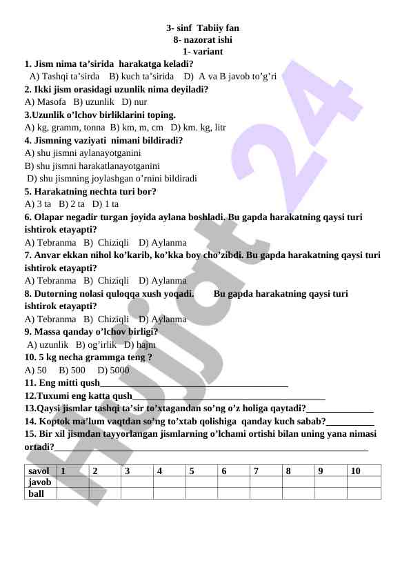 3-sinf tabiiy fan nazorat ishi 1-variant