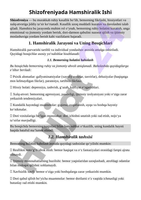 Shizofreniya hamshiralik jarayoni va baholash