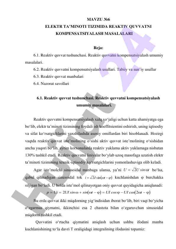 Reaktiv quvvatni kompensatsiyalash masalalari