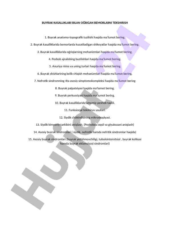 Buyrak kasalliklari bilan o‘rgigan bemorlarni tekshirish