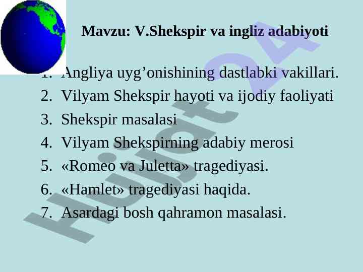 Vilyam shekspir va ingliz adabiyoti mavzusi