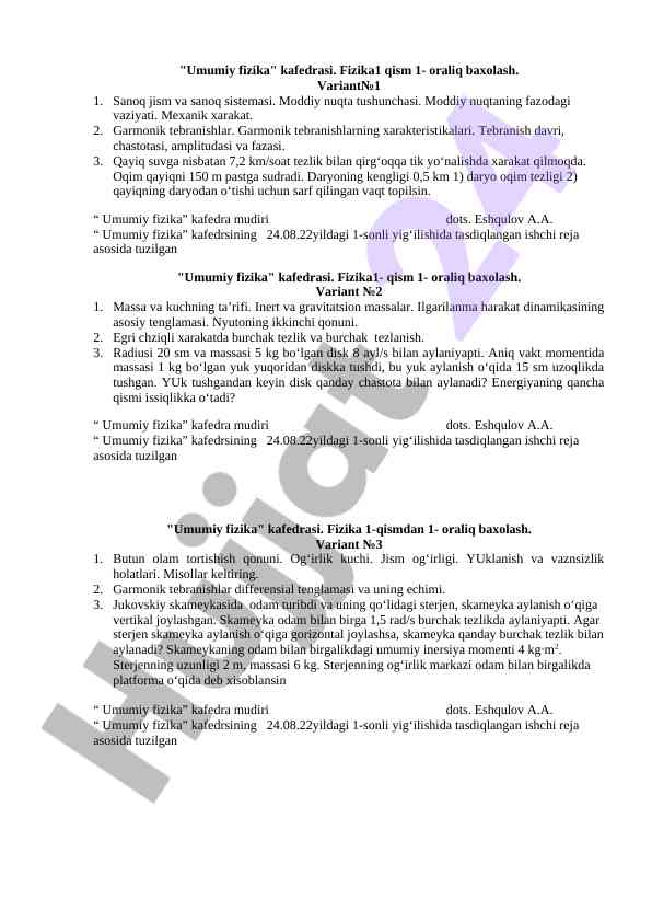 Umumiy fizika. fizika1 qism 1-oraliq baxolash