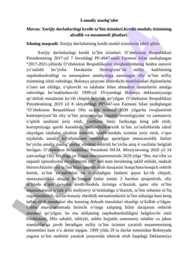 Xorijiy davlatlardagi kredit ta’lim tizimlari
