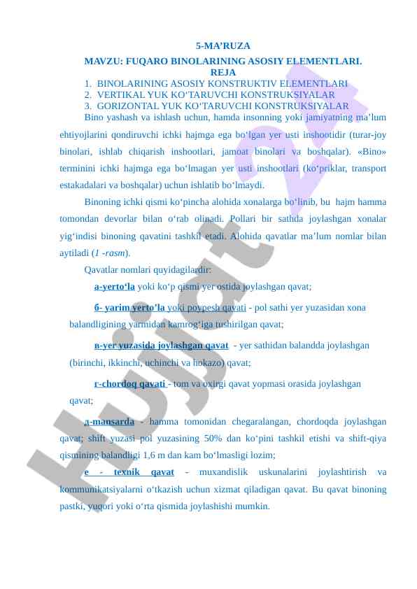 Fuqaro binalarining asosiy elementlari haqida ma’ruza