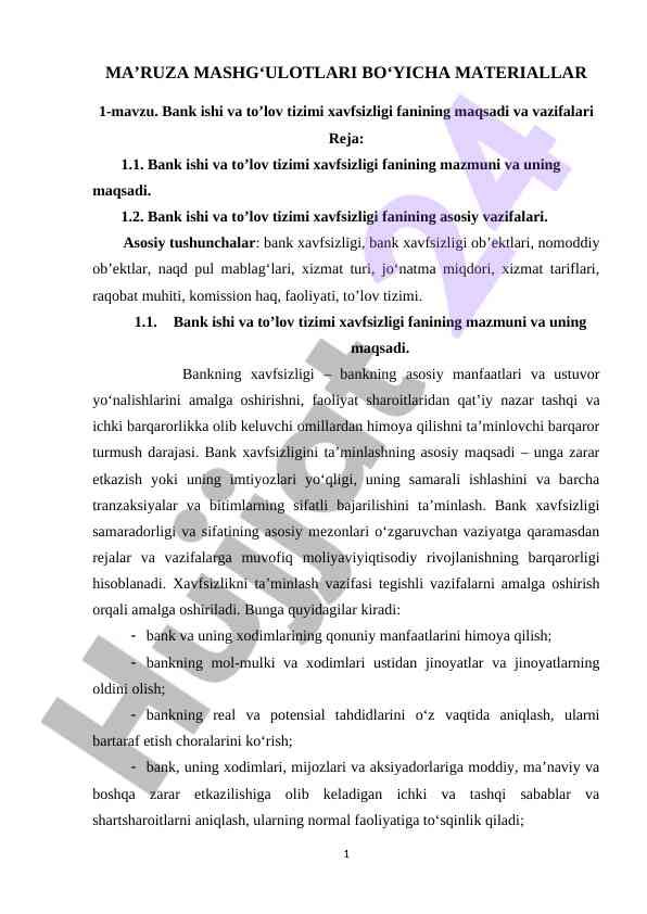 Bank ishining xavfsizligi fanidagi mavzular