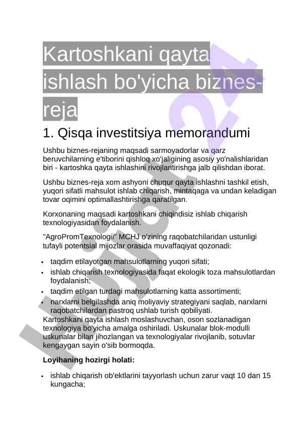 Kartoshkani qayta ishlash bo'yicha biznes-reja